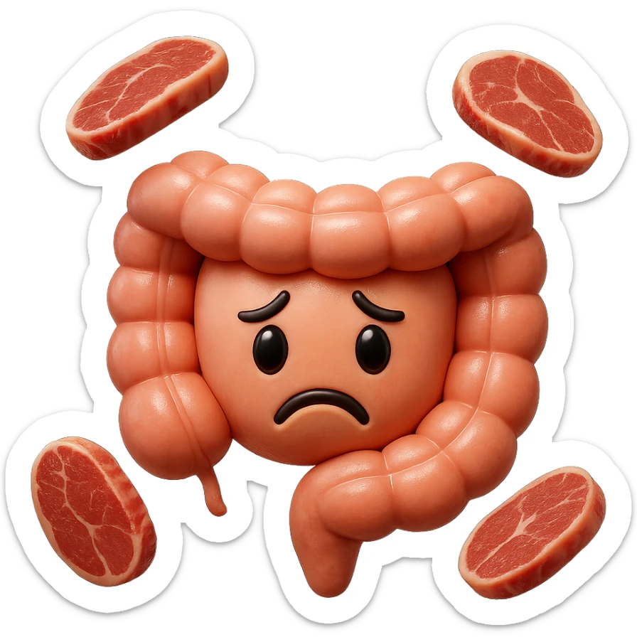 emoji stile iphone in 3d di un intestino triste
 con fette di carne che gli fluttuano intorno, iperrealistico 4k sticker
