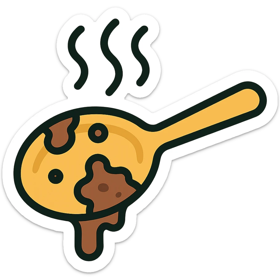 very dirty used spoon with foul odor vapors, icon style, clear lines, simple color palette, emphasizes grime and smell sticker