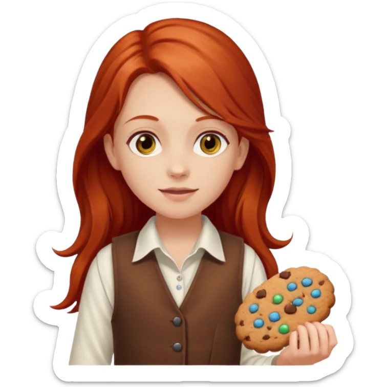 white girl scout with red long hair selling cookies with a brown vest and white shirt under vest. She should be around 10 years old sticker