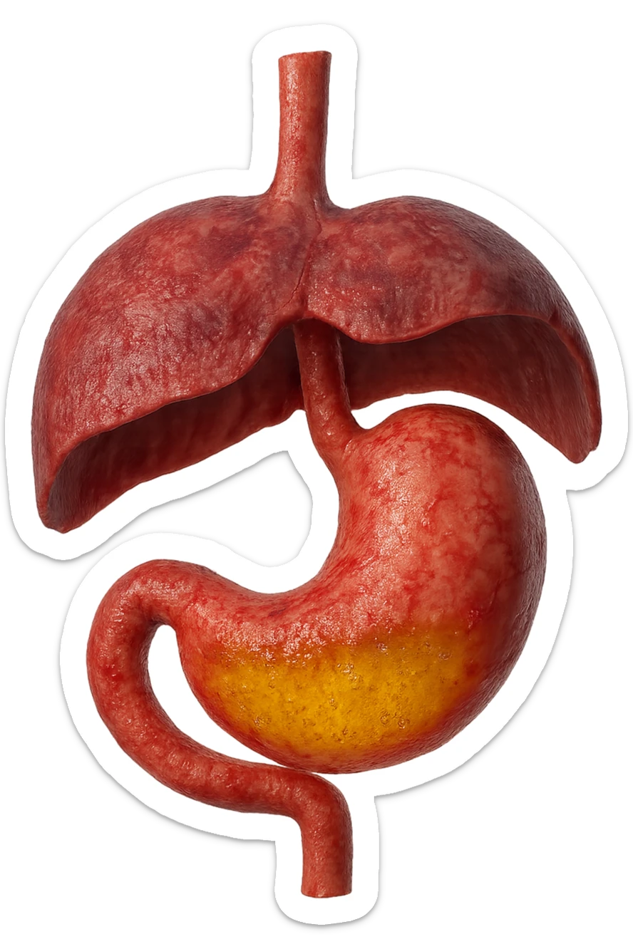 stomaco umano anatomico infiammato con acido giallo all'interno fluttua in aria insieme ad un diaframma umano, iperrealistico 4k, isolato su sfondo bianco sticker