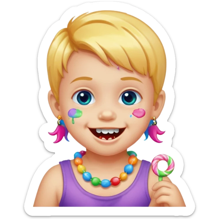 A toddler with candy necklace, grinning with colorful sugar stains on her mouth. sticker