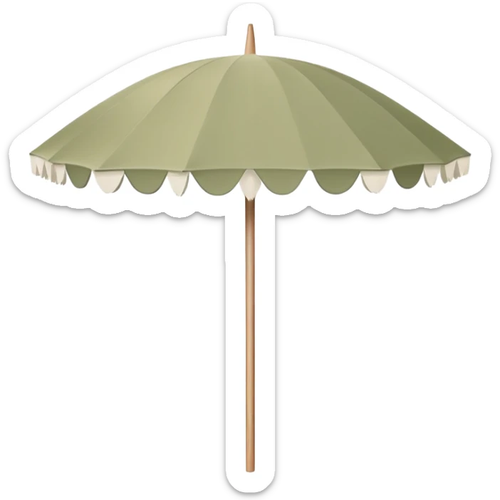 Pale olive beach umbrella with short white tassels and a straight wooden pole sticker
