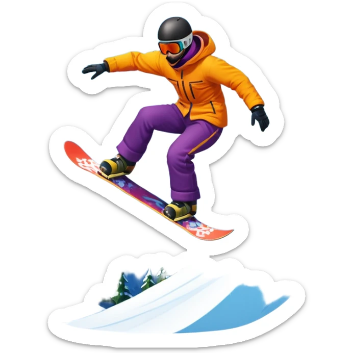 An icon showing a snowboarder performing an exciting jump on a snow-covered slope. The background features towering mountains, snow-covered trees, and a bright, clear sky. Transparent background highlights the speed, agility, and thrill of snowboarding. sticker