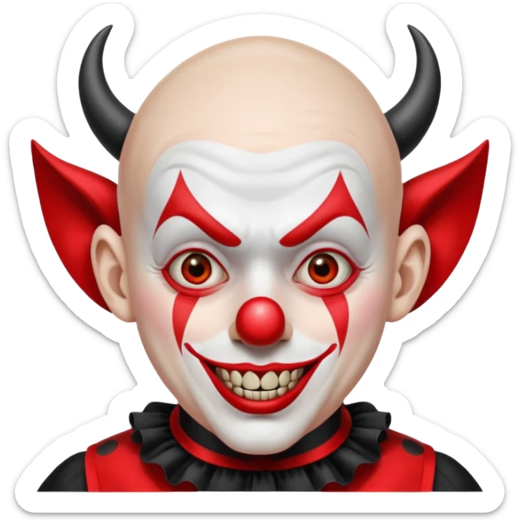 Crea un payaso que tenga toda la parte de la cara pintada de blanco que también de blanco esté la calva que no tenga pelo que tenga unas orejas como de duende, unos dientes picudos, unos cuernos de color negro y un traje de payaso rojo con negro sticker