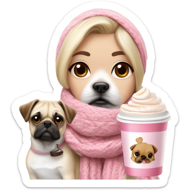 Blonde girl with white scarf pink jumper cup of hot chocolate, marshmallows a flake and cream. With a jack russel mix pug brown dog sticker