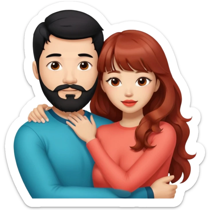 sexy asian man with black hair and beard, hugging cute tan skin woman with long wavy reddish brown hair with bangs and coral lipstick sticker