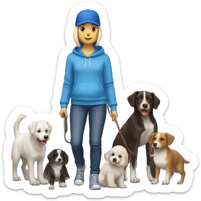 White Dog walker in blue hoodie, jeans, blue baseball cap with eight dogs at heel on her left side sticker