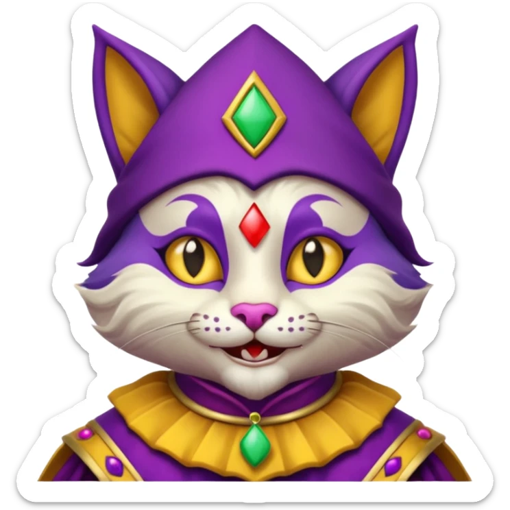 crazy colorful cute little cat jolly joker from poker, medieval, vintage, court jester, mac os icon, purple and yellow color, half body sticker