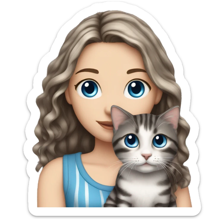 A White girl with long wavy brown hair and blue eyes holds a small gray with black stripes kitten sticker