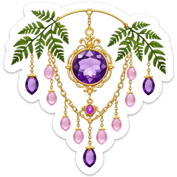Hanging suncatcher, gold chains with shiny sparkly amethyst and rose-quartz gemstones, roses, fern-leaves  sticker