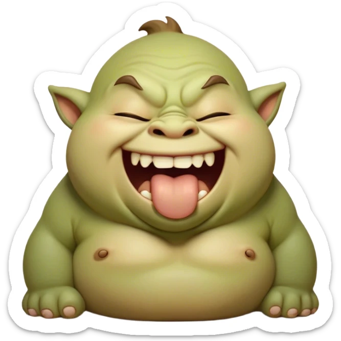 Cinematic Cute Yawning Ogre Portrait Emoji, with a surprisingly cuddly, rotund figure in soft earthy greens and browns, head tilted back in a big, gentle yawn exposing a set of comically oversized teeth, simplified yet irresistibly adorable, highly detailed with a soft glowing outline that captures the sleepy charm of a friendly ogre after a long day of gentle mischief! sticker