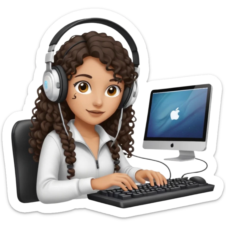 Spanish girl with long dark curly hair, wearing a white gaming headset and playing on keyboard with a gaming mouse in one hand sticker