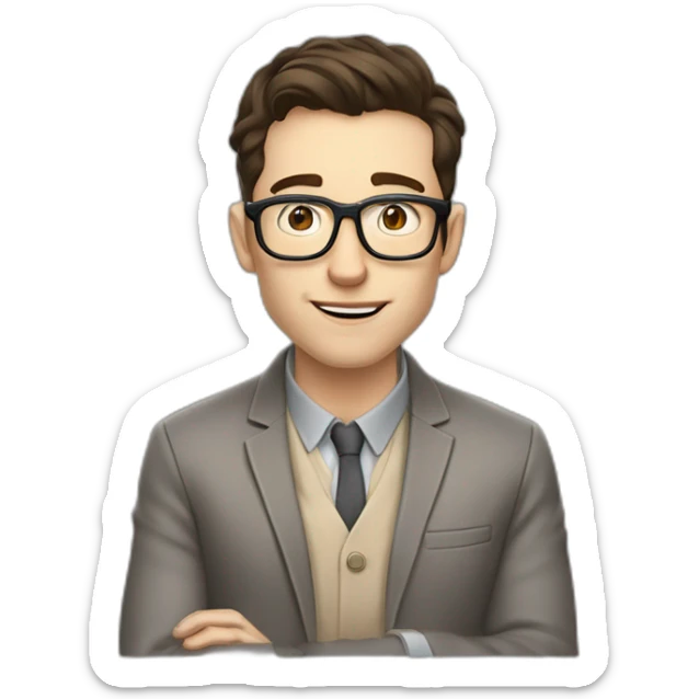 Pale skinned Fit Man With dark brown hair in gray jacket, beige office shirt, Brown pants and vintage glasses sitting In a soft chair with a notebook and a pen Fooling with his tongue sticker