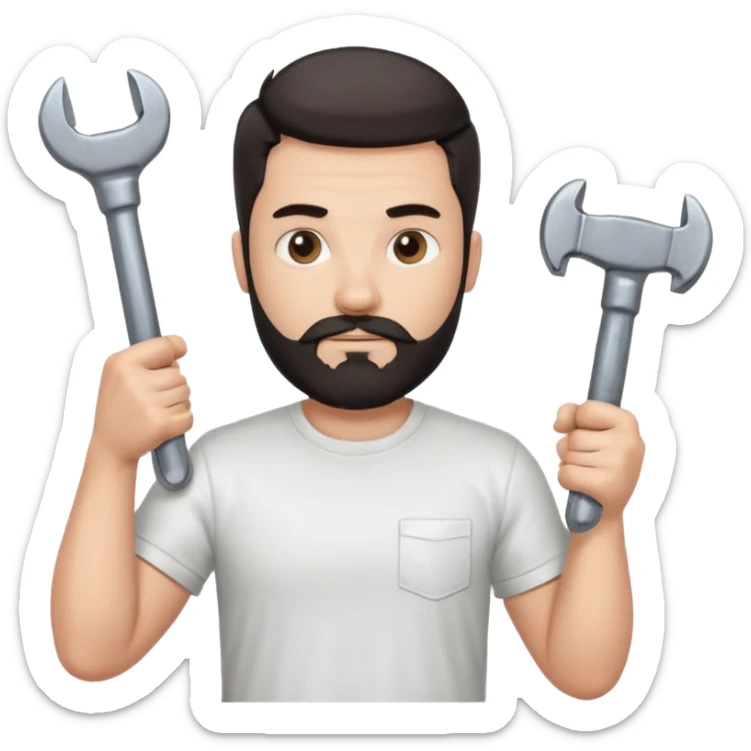  guy who looks very handsome, he has a dark beard, wears a white tee shirt and holds a wrench in one hand and a black hammer in the other hand sticker