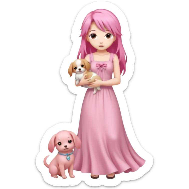 Pastel anime lady long hair pink long dress full body holding puppy sticker