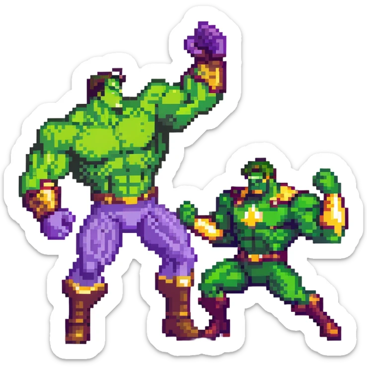 Hulk vs Thanos battle scene, green muscular superhero fighting purple villain with Infinity Gauntlet, action poses sticker
