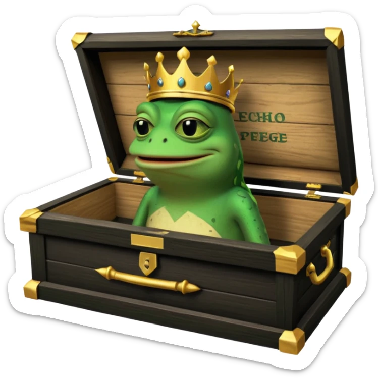 Emoji of an empty wooden coffin with its lid on top, the word ‘ECHO’ carved into the lid. The coffin is shown from the outside. A king-like Pepe the Frog, standing outside the coffin, is hammering nails into the lid to seal it shut. No character is inside the coffin. Not a treasure chest. sticker
