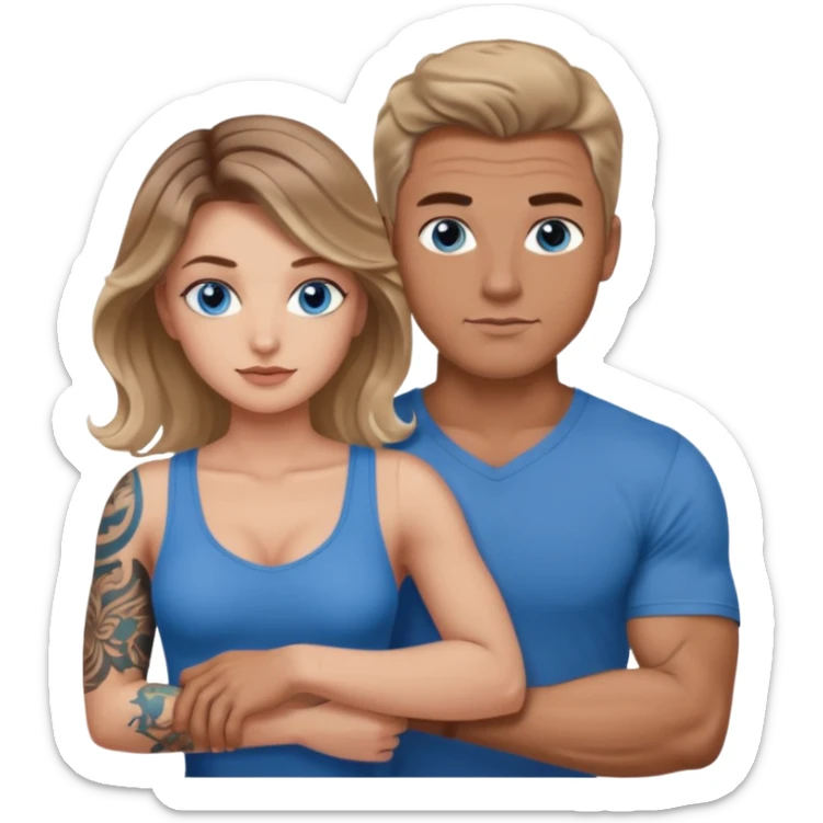 Women with blue eyes and brown blond balayage curled hair in the arms of a man with strong arms a straight face, a very sexy man blue eyes and tattoos on his arm  sticker