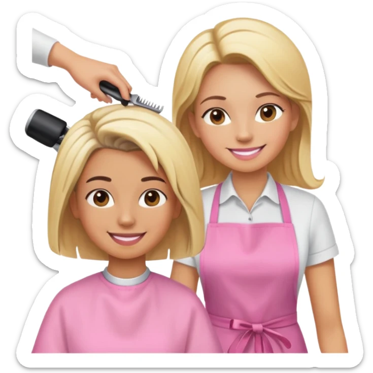 smiling woman in pink apron getting a haircut from a smiling female hairstylist sticker