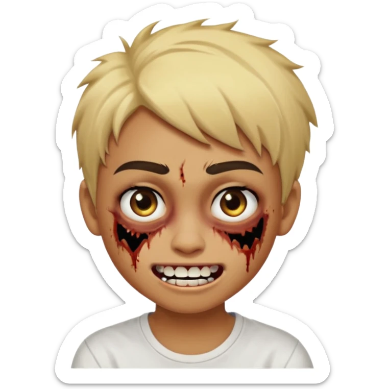 Teenager. Short buzz, messy blonde hair. Dark brown bushy eyebrows large expressive golden-brown eyes, brown skin color, scar over nose, wearing a plain white t-shirt. Crooked grin showing imperfect teeth, one side raised higher than the other, zombie-like smile . brown skin color.  sticker