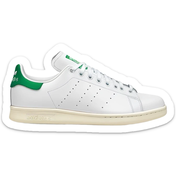 White and green Adidas Stan Smith sneakers with iconic green heel tab and perforated three stripes on the sides sticker