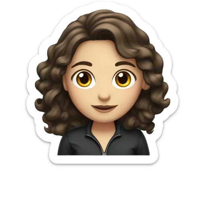 white girl with wavy dark brown hair below shoulder length on a laptop with sticker sticker