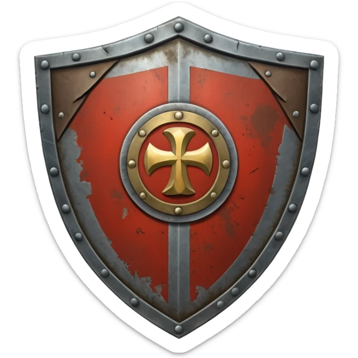 a battle worn steel shield with engraved roman numerals XXX, the roman numerals should be prominent and in the center of the shield sticker