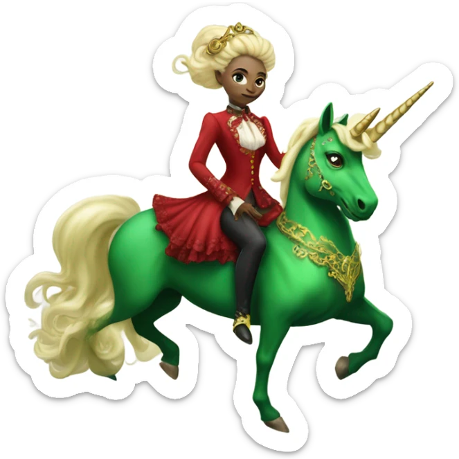 "galora green blonde alien woman" in red Victorian elegant dress, full body, rides unicorn gold and white surrounded by fire
 sticker