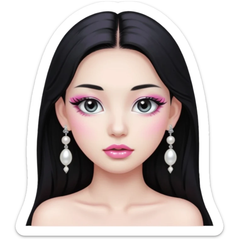 asian long black hair silver grey eyes glossy lips glittery white and pink eyeshadow girl pearl earrings sticker