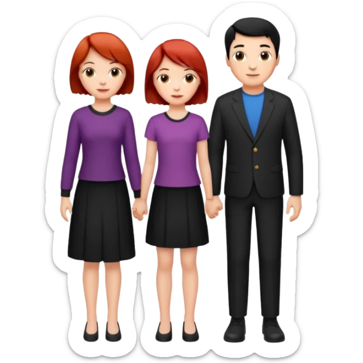 a family of three, all three white: the mother with short red hair, the father with black hair, and the daughter with black hair girl sticker