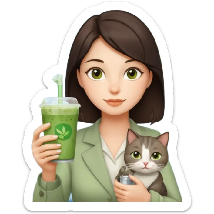 a brunette woman in here 30S drinking an iced matcha, carrying a grey cat and a map of the world sticker