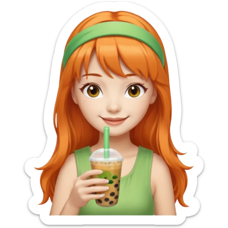 Create an emoji of a fair-skinned woman with long orange hair, bangs, and a green headband, holding a cup of bubble tea. sticker