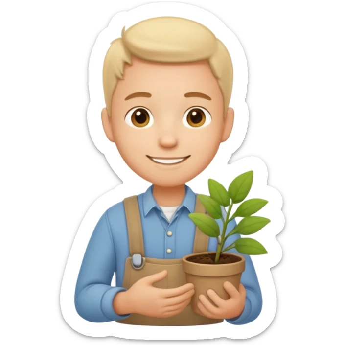 A calm, friendly male cartoon character with light skin, simple farm clothes, warm smile, holding a small plant or flower, stylized as a cute, readable emoji icon with soft earthy color sticker