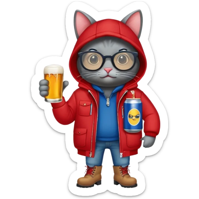 Catfish in a red winter jacket with hood, wearing round glasses, blue jeans, red boots, holding a beer can with a red label sticker