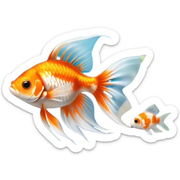 Large aquarium fish like veil tails and lionhead goldfish swimming gracefully in a beautifully decorated aquarium. Colorful aquatic plants, smooth rocks, and gentle bubbles surround the fish. The water shimmers in sunlight, creating a peaceful and vibrant underwater scene. Transparent background. sticker
