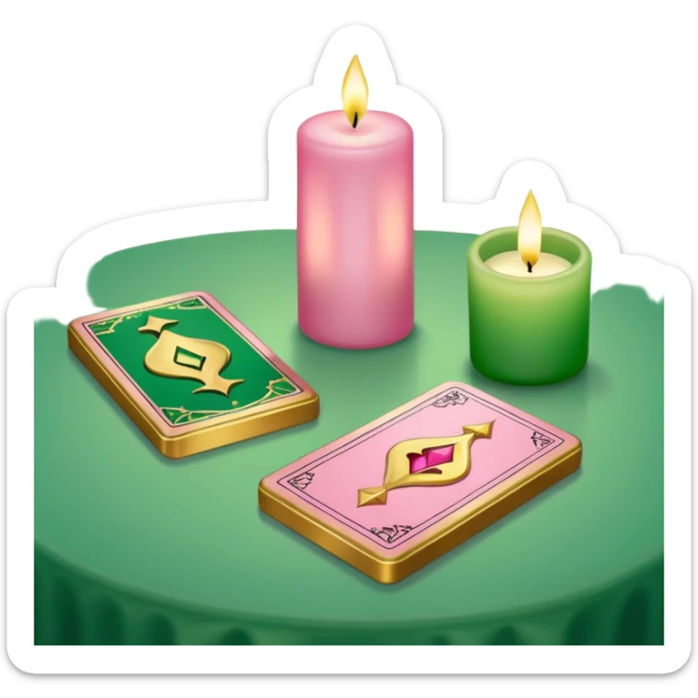 A green and pink deck of tarot cards and a one candle nearby sticker
