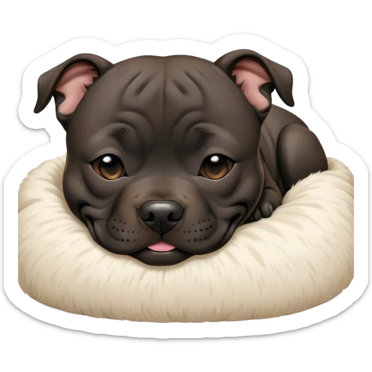 Meme-Worthy Cute Sleeping Black/Brindle Staffordshire Bull Terrier Portrait Emoji, Head resting peacefully with a contented smile, showcasing a delightfully compact build and a luxuriously soft Fur with an attractive black and brindle blend, eyes shut in a serene nap, Simplified yet hilariously adorable features, highly detailed, glowing with a soft, drowsy light, high shine, relaxed and utterly lovable, stylized with an air of playful laziness, bright and heartwarming, soft glowing outline, capturing the essence of a comically sleepy guardian, so meme-worthy it feels like it could instantly become the next viral sensation of adorable slumber! sticker