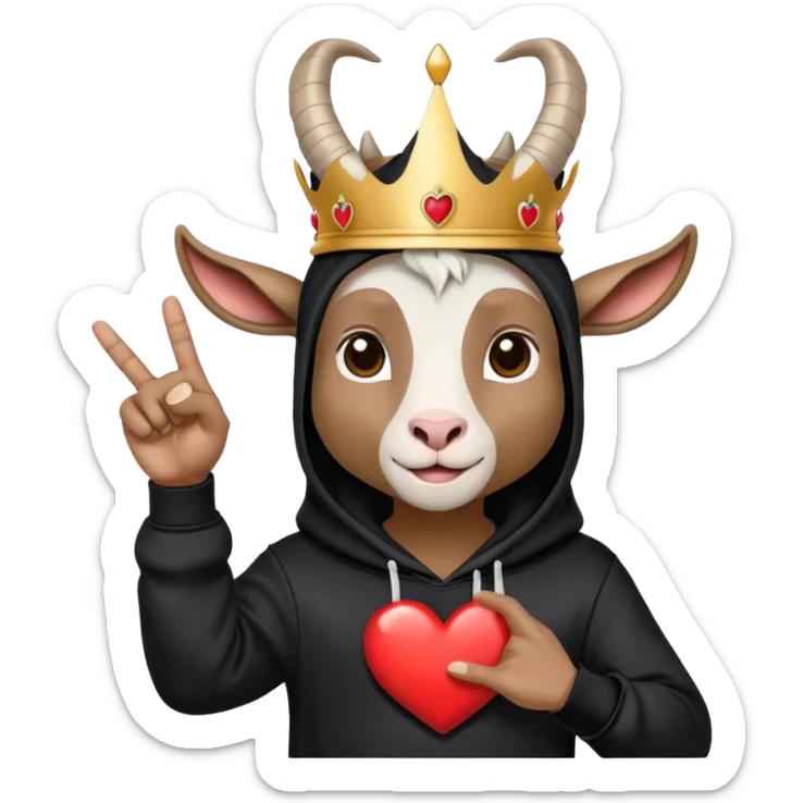 Goat with horns wearing black hoodie and a royal crown do the heart hands sign sticker