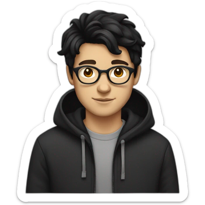 White boy wearing glasses in a black hoodies with wavey black hair with brown eye sticker