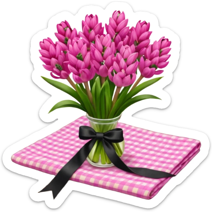 A lush bouquet of bright pink color Hyacinths black satin ribbon, resting on an antique wooden table, with a pale yellow and pink plaid pattern table cloth sticker