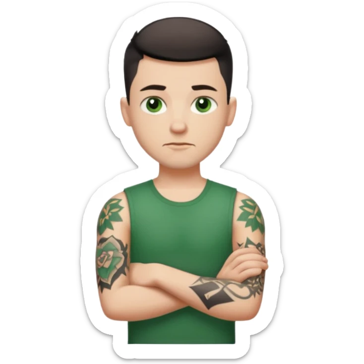 White young man with short black taper fade hair cut and slight goatee and neutral expression with his arms folded. Green eyes and arm tattoos sticker