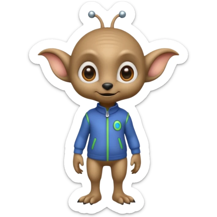 full body cute humanoid peacefull alien furry with 2 legs and eye stalks stands upright and looks intelligent ...wears clothing. not green..looks happy and cudly... has 3 eyes sticker