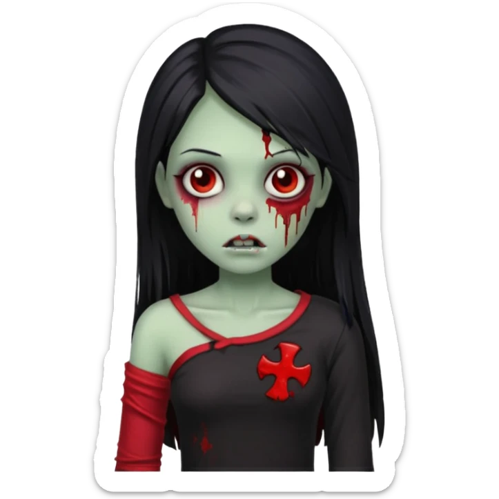 Garota zumbi com cabelo todo preto liso longo e mechas vermelhas na lateral da cabeça dos dois lados, usando uma blusa com um lado da manga caida preta  sticker