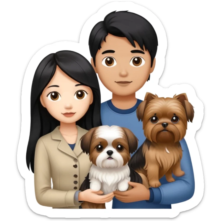 A beautiful Asian girl with long black hair is holding a Yorkshire Terrier. She is standing next to her brown skinned boyfriend, who is holding a Shih Tzu. They are each holding one dog each sticker