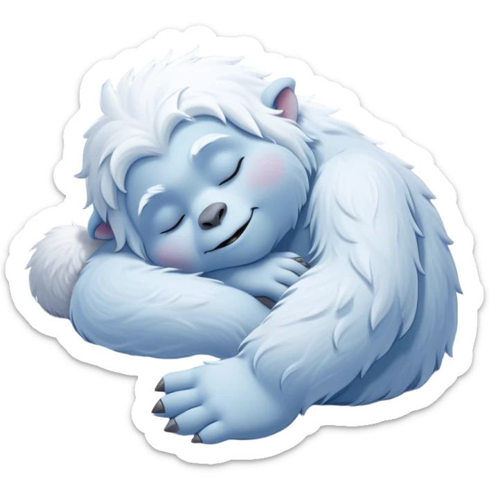 Meme-Worthy Cute Sleeping Yeti Portrait Emoji, with a charming, fluffy, snow-dusted figure in gentle whites and cool blues, head resting in blissful, serene slumber with closed, peaceful eyes and a small, contented smile, simplified yet irresistibly adorable, highly detailed with a soft frosty outline that captures the tender drowsiness of a yeti drifting into snowy dreams! sticker