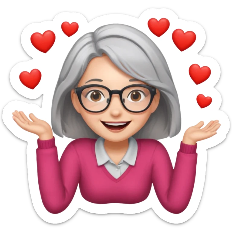 Shoulder length gray hair girl with glasses rolling on floor laughing with hearts  sticker