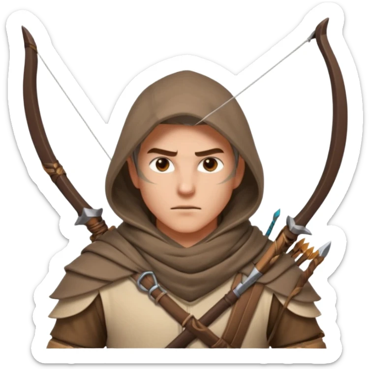 desert archer warrior portrait, head and shoulders only, hooded scarf collar, quiver strap visible, sharp focused eyes, 3D cartoon, mobile game icon style, clean background, no text, no watermark
 sticker