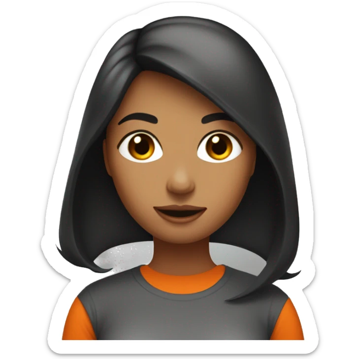 woman darker with dark straight hair in orange color t-shirt. she stay with vacum cleaner sticker