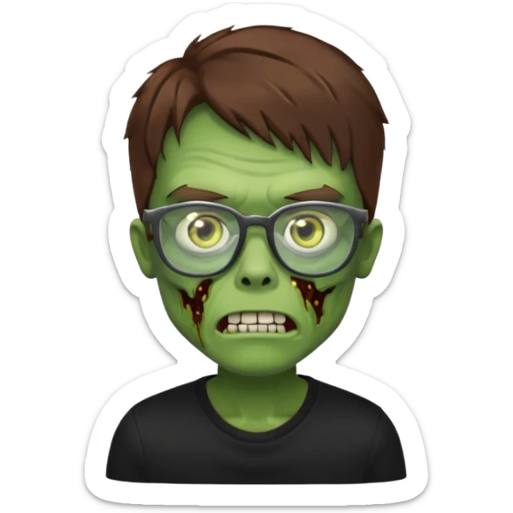 Green zombie, brown hair, black glasses, black shirt. iOS style. sticker