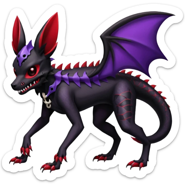 Gothic Black red purple Scaley Exotic Salandit-Umbreon-Noibat-Houndoom-Fakémon-hybrid-creature (full body), 4 legs, skull face mask sticker